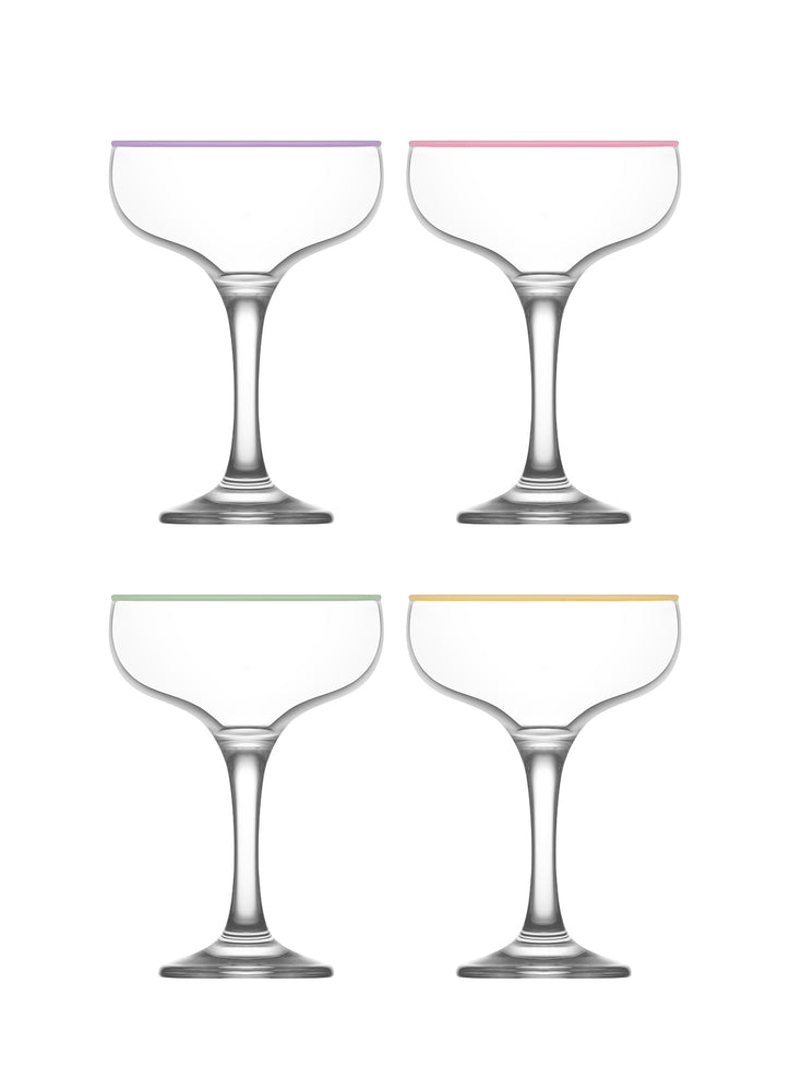 LAV Misket 4-Piece Multi Colored Rim Coupe Cocktail Glasses, 8 Oz