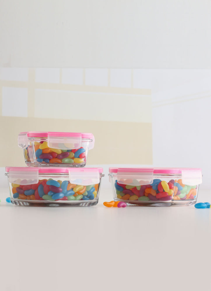 Set of 3 food storage containers, made from glass, pink