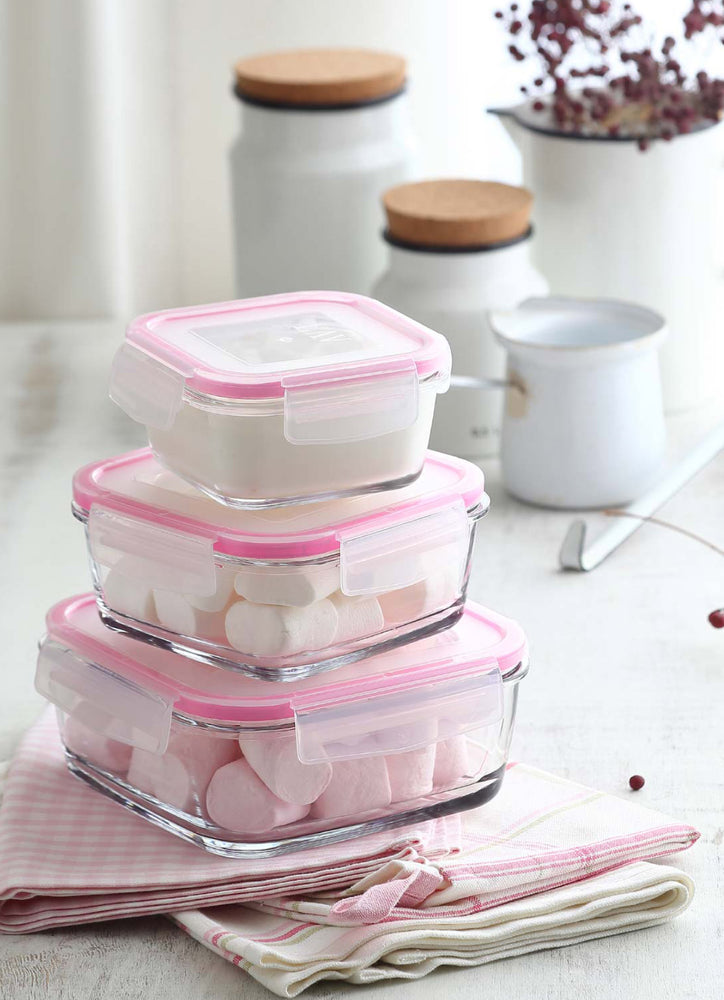 Glass Food Storage Container w/ Pink Lid, OK for Baking